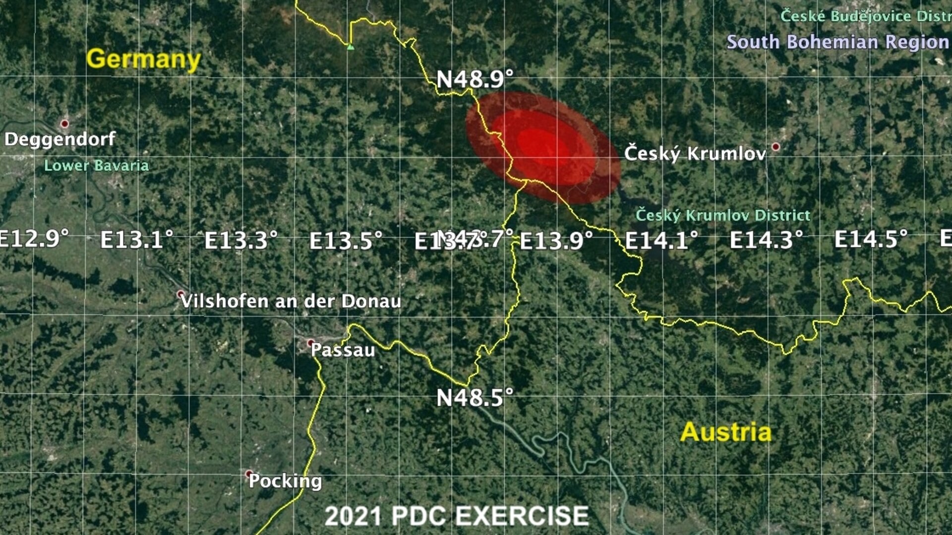 Fictional impact zone from the 2021 international Planetary Defence Conference