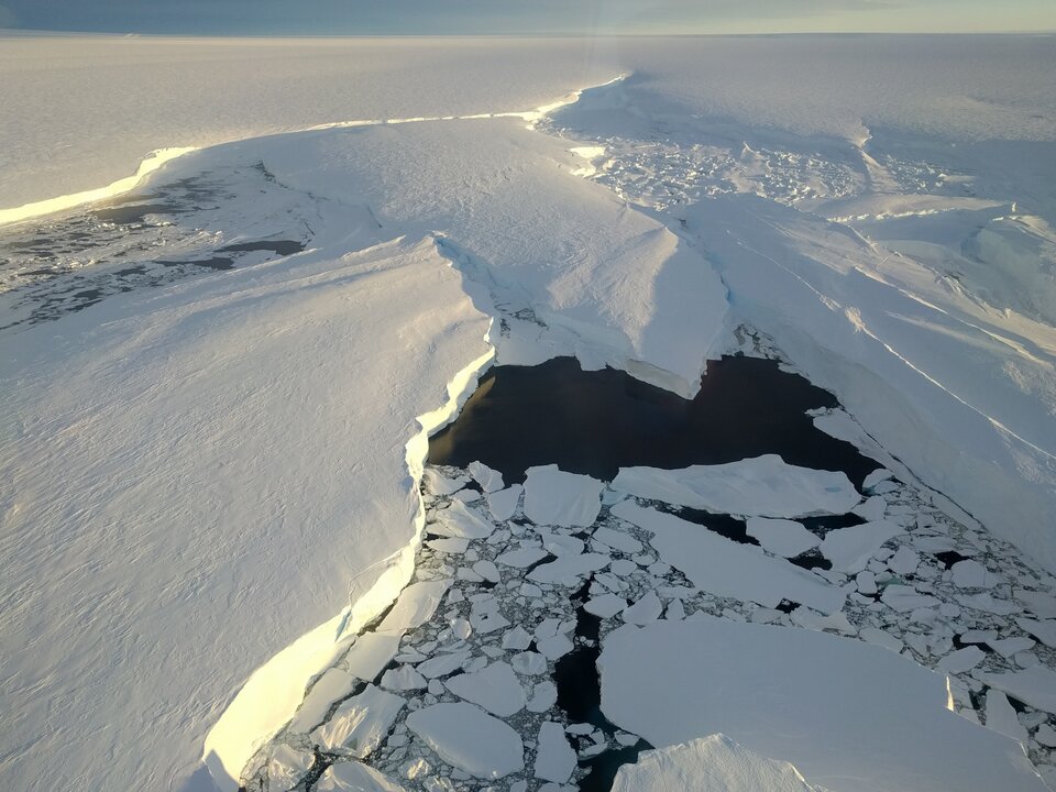 West Antarctic Ice Shelf splitting around a pinning point